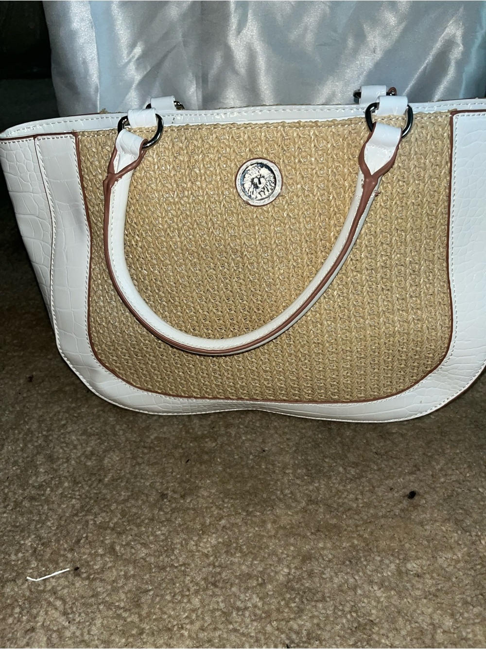 Anne Klein White & Natural Woven Tote with Logo Medallion